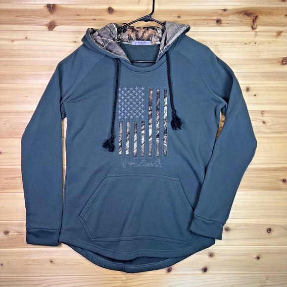 Huntworth Tops - Huntworth Hoodie Womens Medium gray Camo Flag Long Sleeve Hooded Sweatshirt